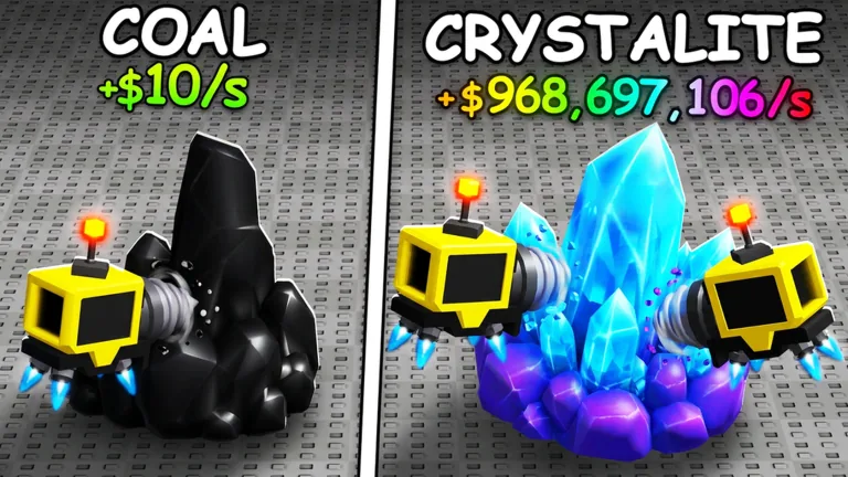 Official Sell Ores Roblox thumbnail comparing a coal ore and a bright crystalite ore with mining drones