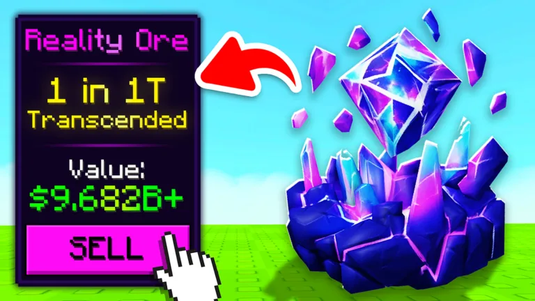 Official Sell Ores Roblox thumbnail showing a rare Reality Ore and a sell button